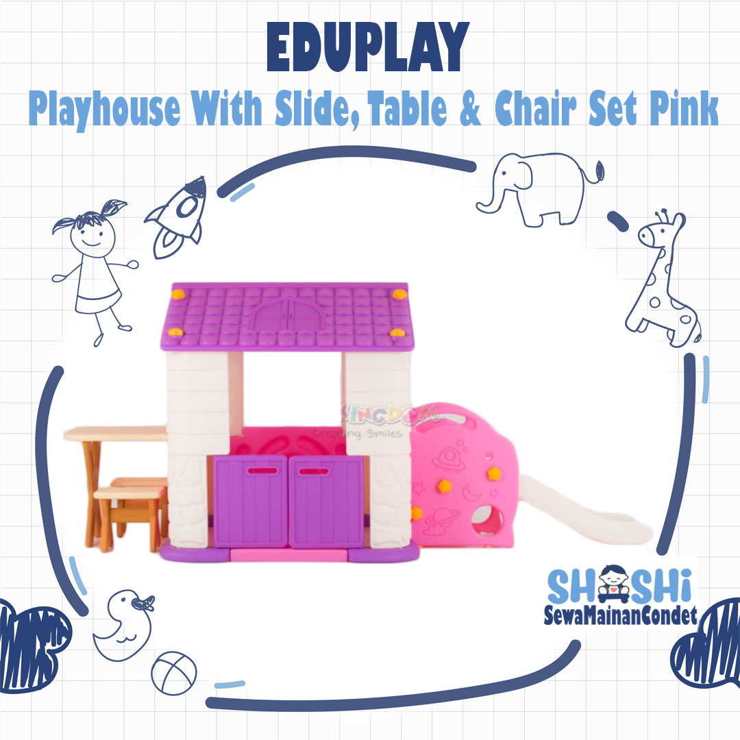 EDUPLAY PLAYHOUSE WITH SLIDE, TABLE & CHAIR SET PINK